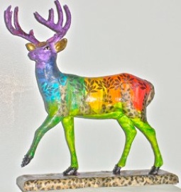 “Deerpark Chakra” embellished resin deer statue-colored tissue/acrylic paint/jewels by Alyta Adams